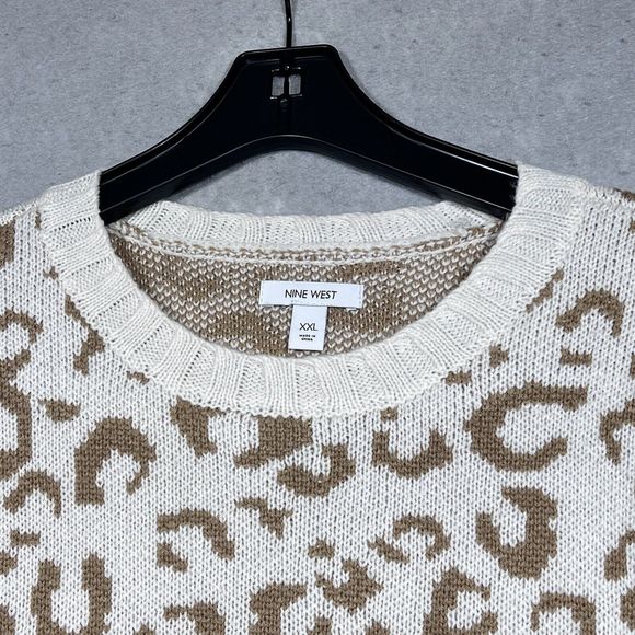 Nine West Sweater Womens Size XXL Cream Tan Animal Pattern Ribbed Long Sleeve - Picture 2 of 12